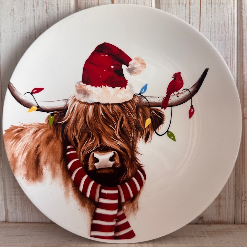 Festive Cow Plate with Santa Hat and Scarf